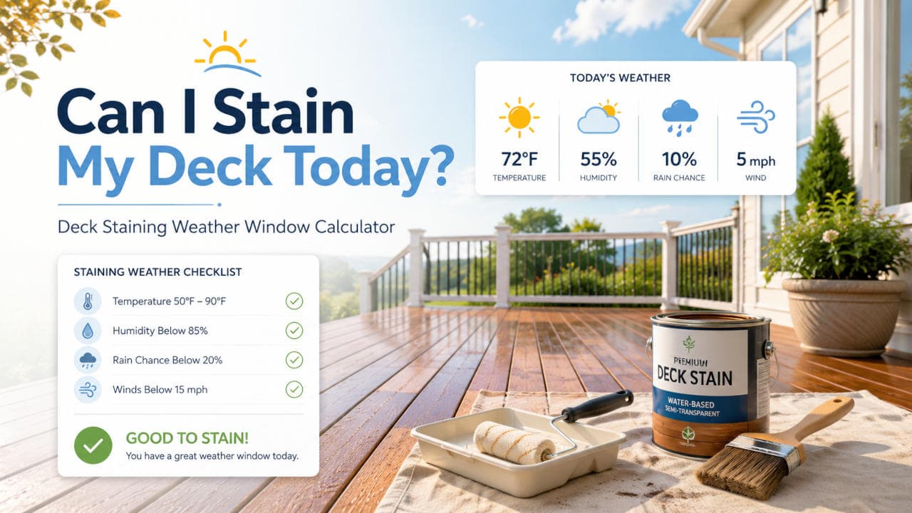 Deck staining weather window calculator showing temperature, humidity, rain, and wind checks for staining a deck