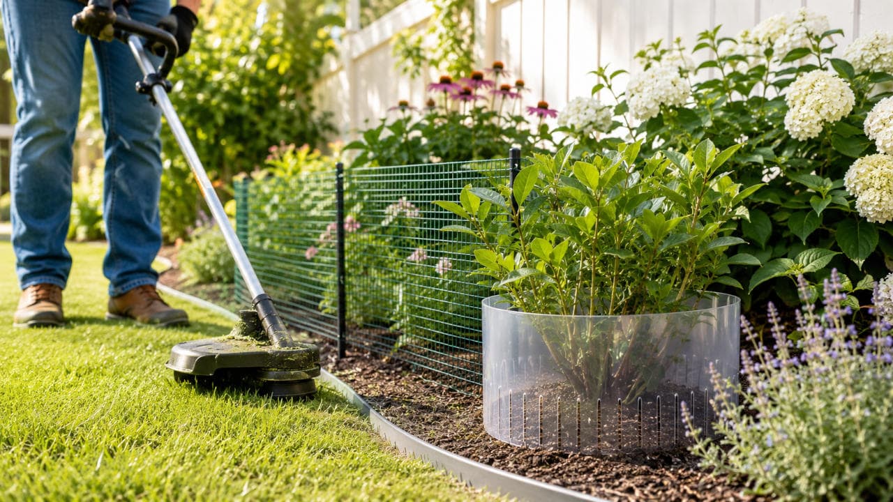 Using a string trimmer along a garden bed protected by mesh fencing and a clear plant guard
